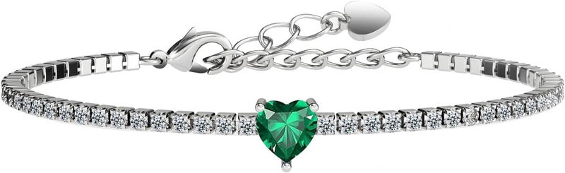 AllenCOCO Sterling Silver Heart Birthstone Bracelet, 14K White Gold Plated, AAAAA+ CZ Cubic Zirconia, Tennis Chain with Heart Charm, Hypoallergenic, Non-Tarnish Jewelry Gift for Women - Image 1